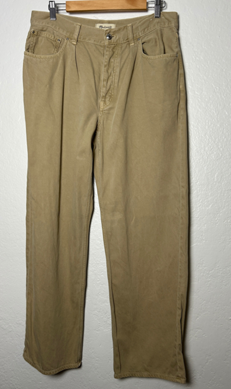 Madewell Low-Slung Baggy Women Tan Khaki Pleated Wide Leg Cotton Chino Size 28